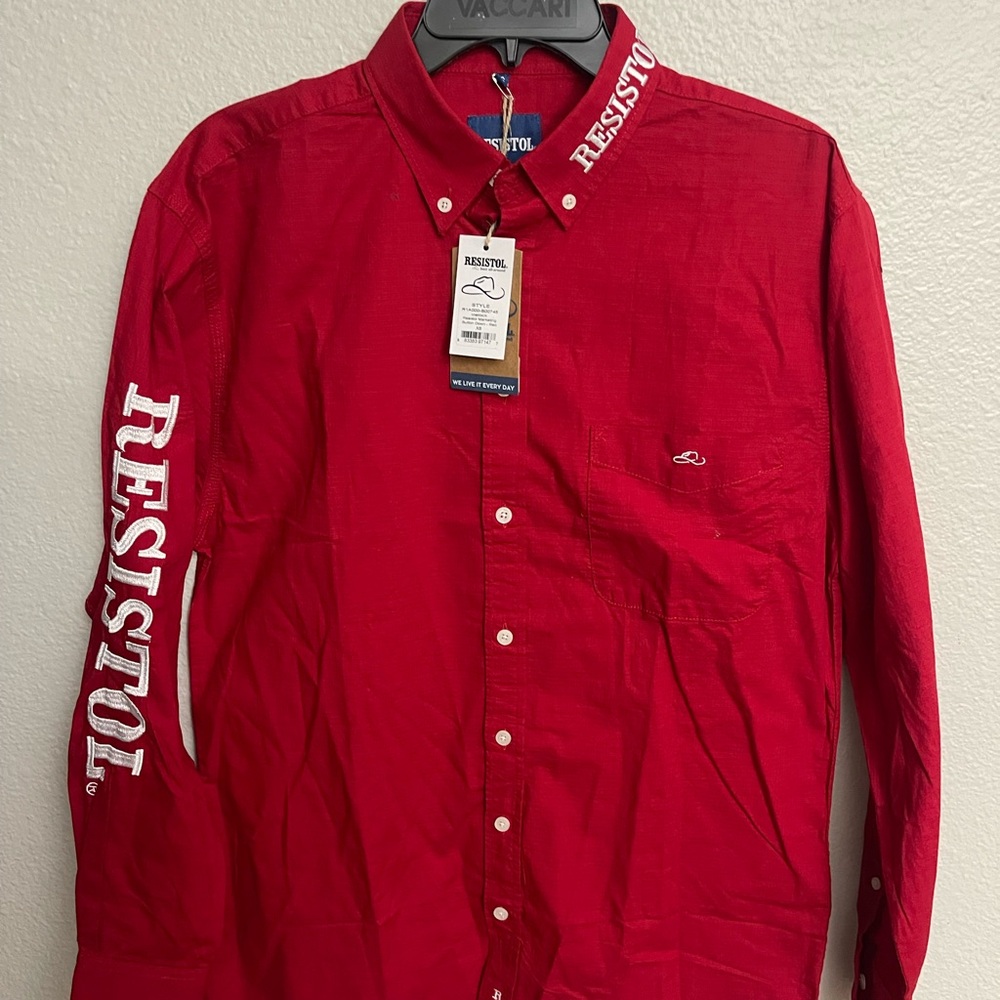 Red Casual Button Down Shirt with Embellished Collar